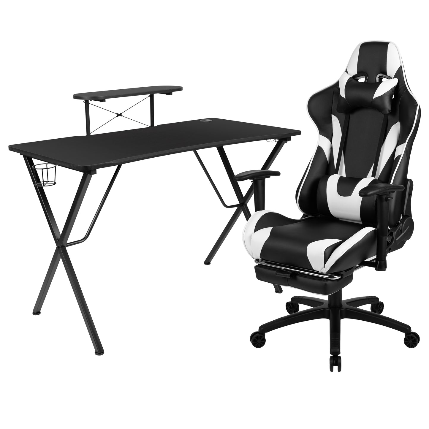 Optis Black Gaming Desk and Black Footrest Reclining Gaming Chair Set with Cup Holder, Headphone Hook, and Monitor/Smartphone Stand Black BLN-X30RSG1031-BK-GG