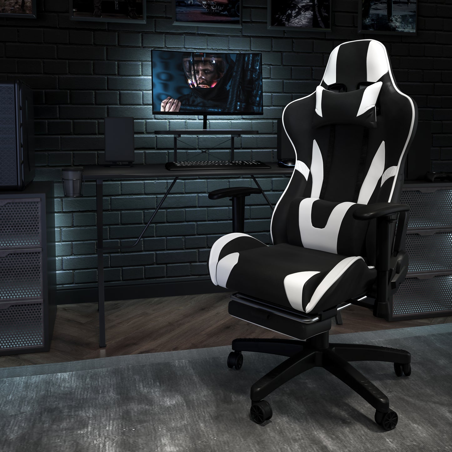 Optis Black Gaming Desk and Black Footrest Reclining Gaming Chair Set with Cup Holder, Headphone Hook, and Monitor/Smartphone Stand Black BLN-X30RSG1031-BK-GG