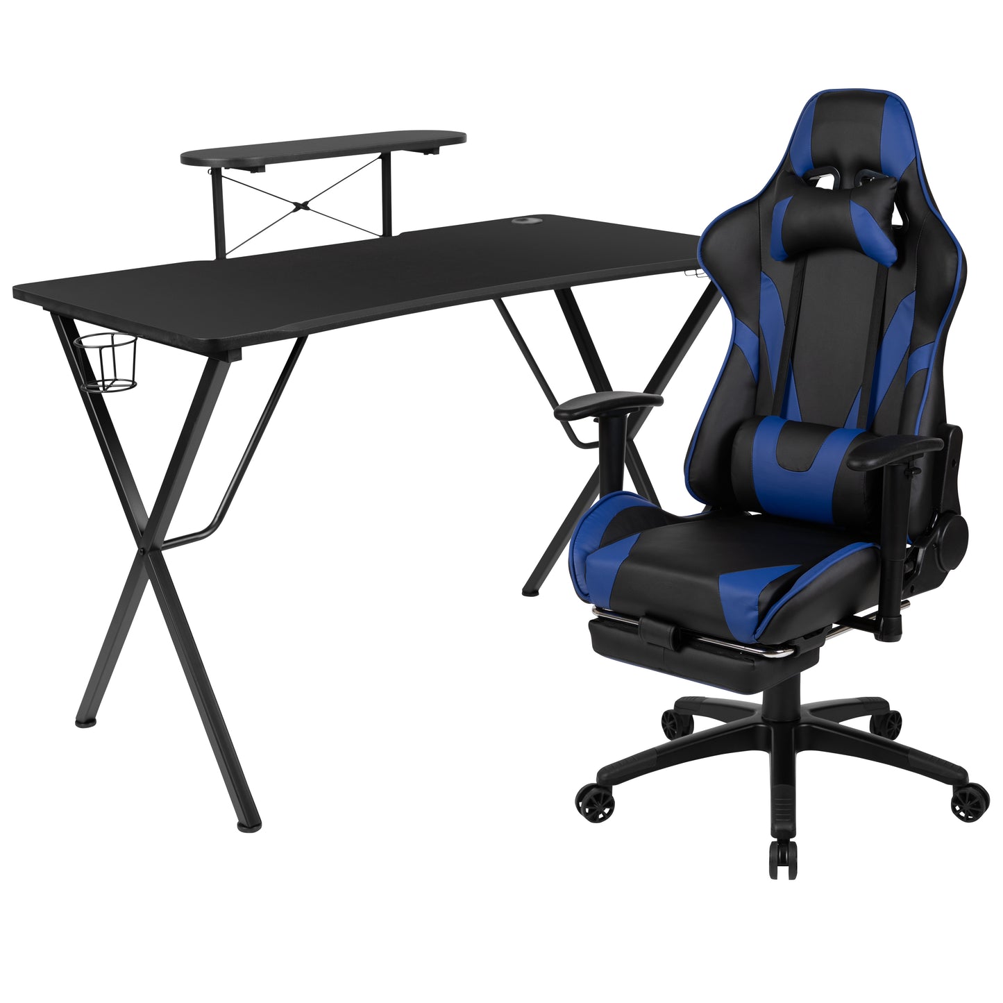 Optis Black Gaming Desk with Cup Holder/Headphone Hook and Monitor/Smartphone Stand & Blue Reclining Gaming Chair with Footrest Blue
