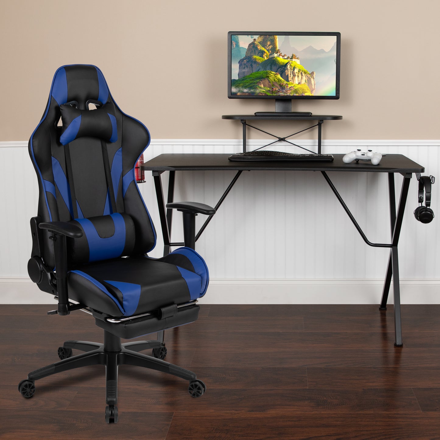 Optis Black Gaming Desk with Cup Holder/Headphone Hook and Monitor/Smartphone Stand & Blue Reclining Gaming Chair with Footrest Blue