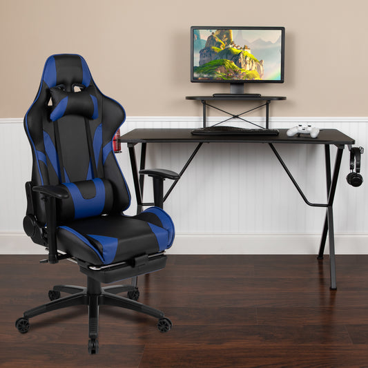 Optis Black Gaming Desk with Cup Holder/Headphone Hook and Monitor/Smartphone Stand & Blue Reclining Gaming Chair with Footrest Blue