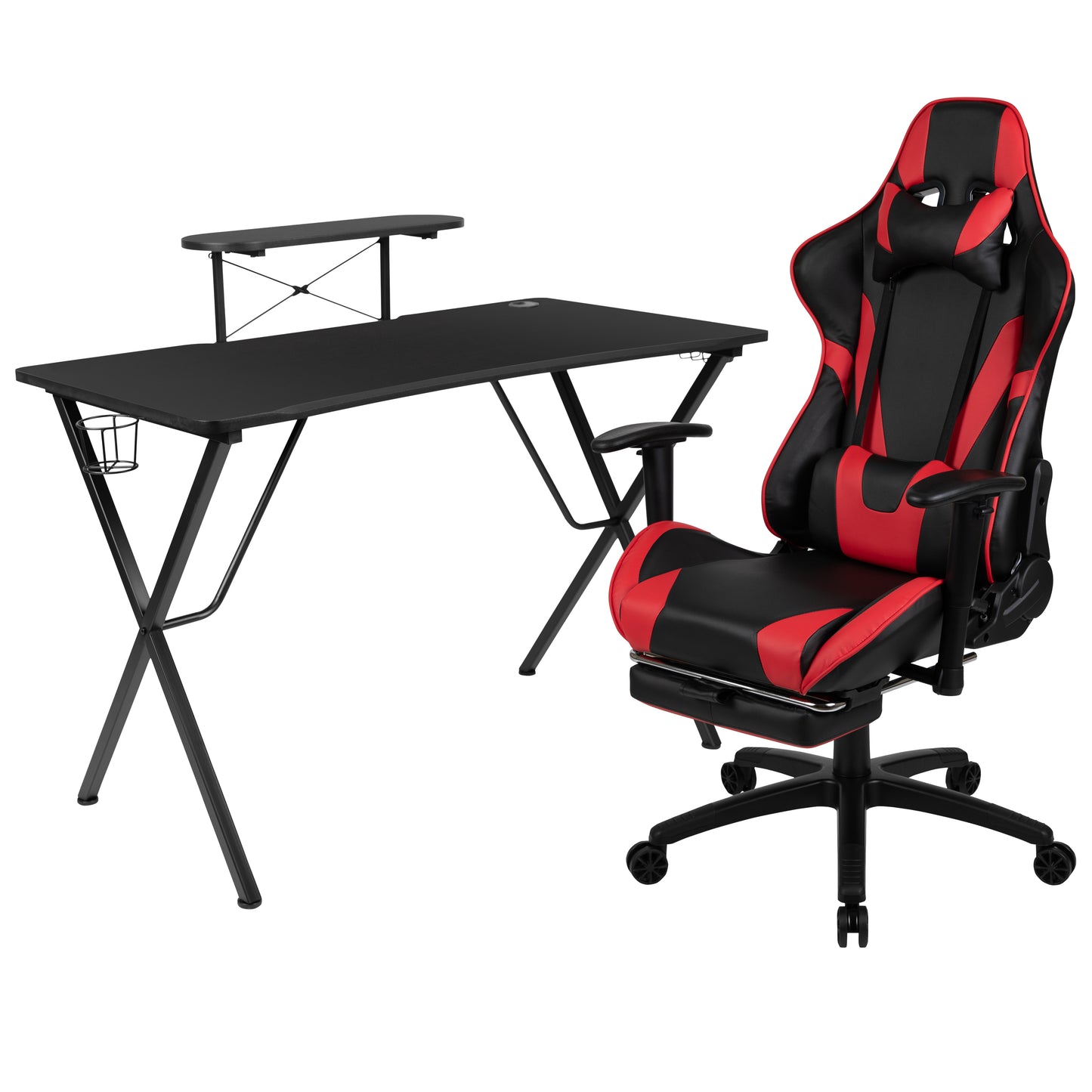 Black Gaming Desk and Red/Black Footrest Reclining Gaming Chair Set with Cup Holder, Headphone Hook, & Monitor/Smartphone Stand Red