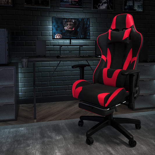 Black Gaming Desk and Red/Black Footrest Reclining Gaming Chair Set with Cup Holder, Headphone Hook, & Monitor/Smartphone Stand Red