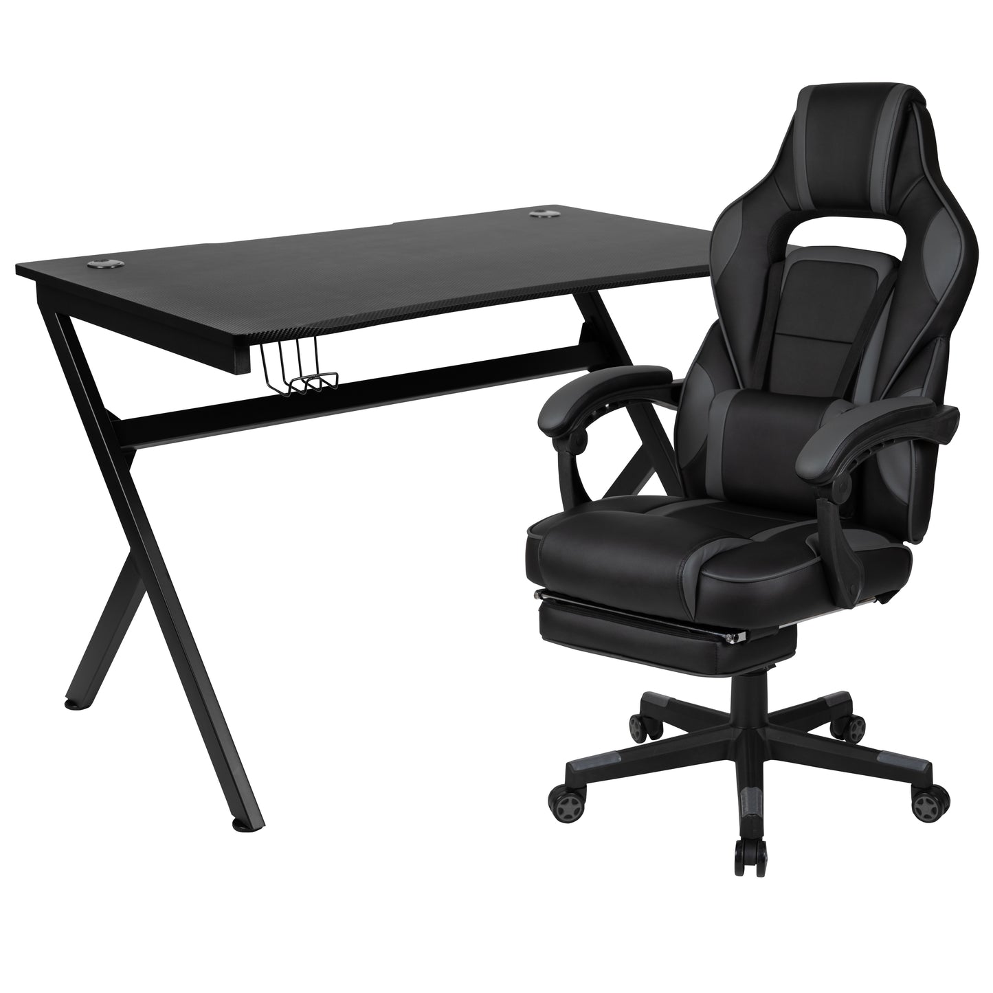 Optis Black Gaming Desk with Cup Holder/Headphone Hook/2 Wire Management Holes & Black Reclining Back/Arms Gaming Chair with Footrest Black