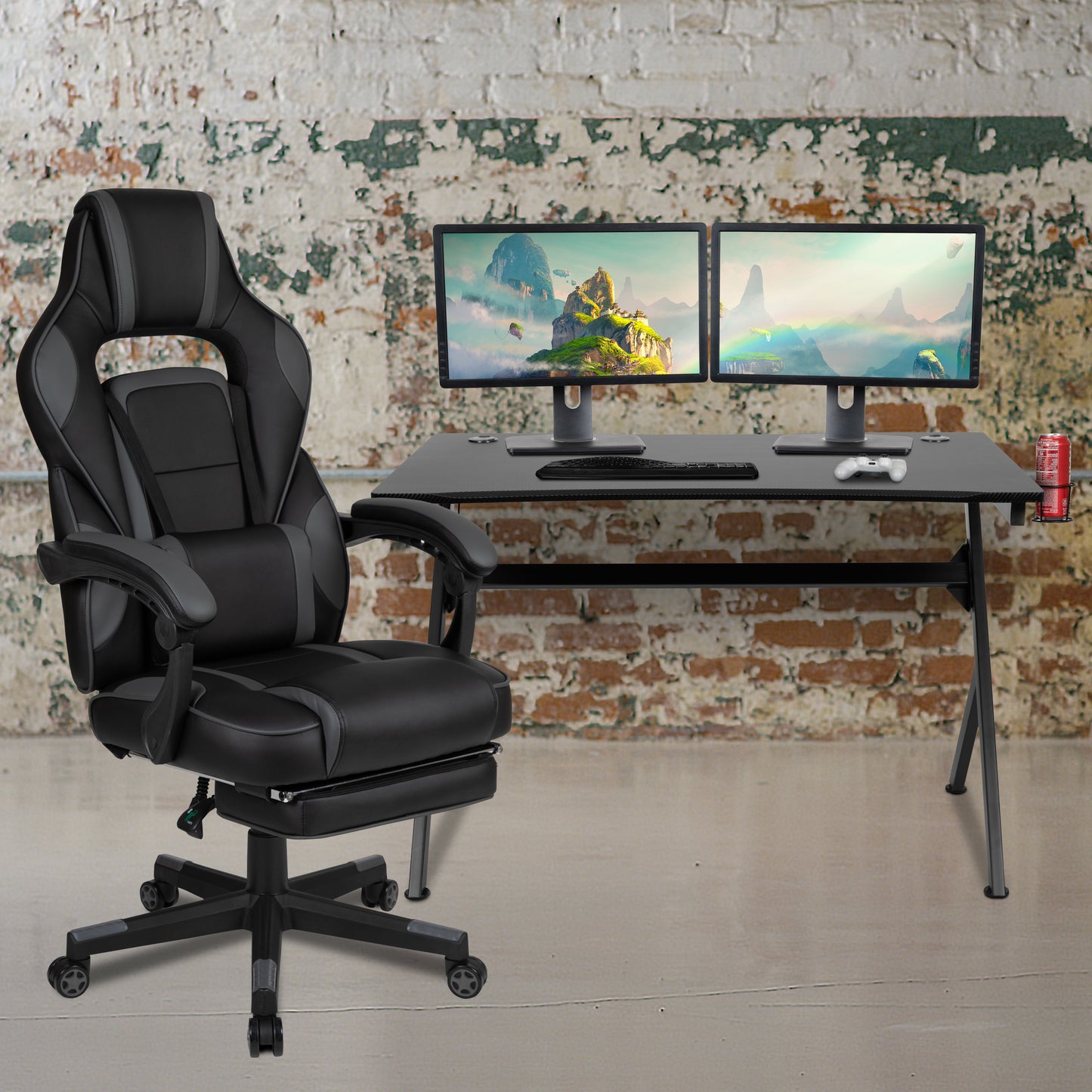 Optis Black Gaming Desk with Cup Holder/Headphone Hook/2 Wire Management Holes & Black Reclining Back/Arms Gaming Chair with Footrest Black