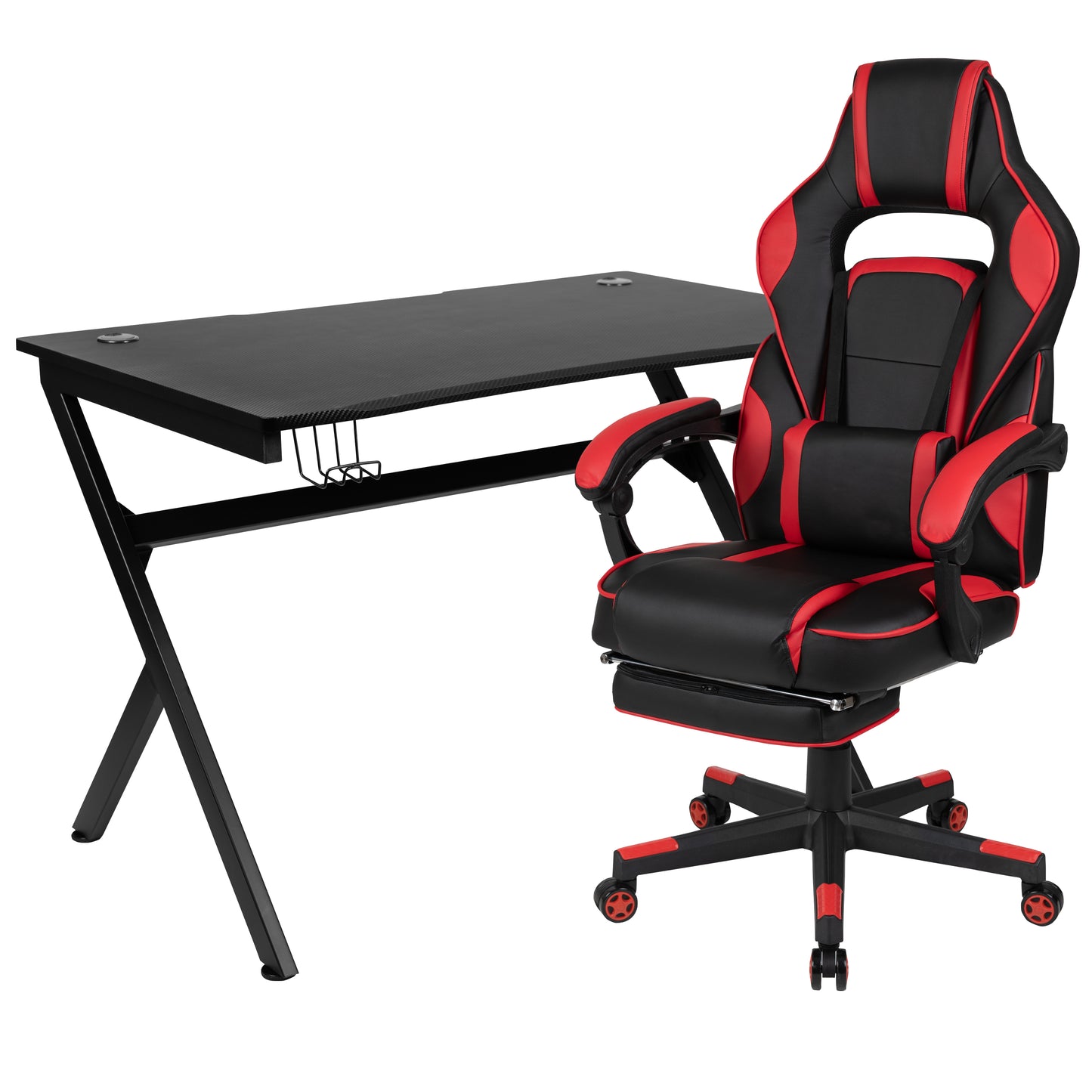 Optis Black Gaming Desk with Cup Holder/Headphone Hook/2 Wire Management Holes & Red Reclining Back/Arms Gaming Chair with Footrest Red