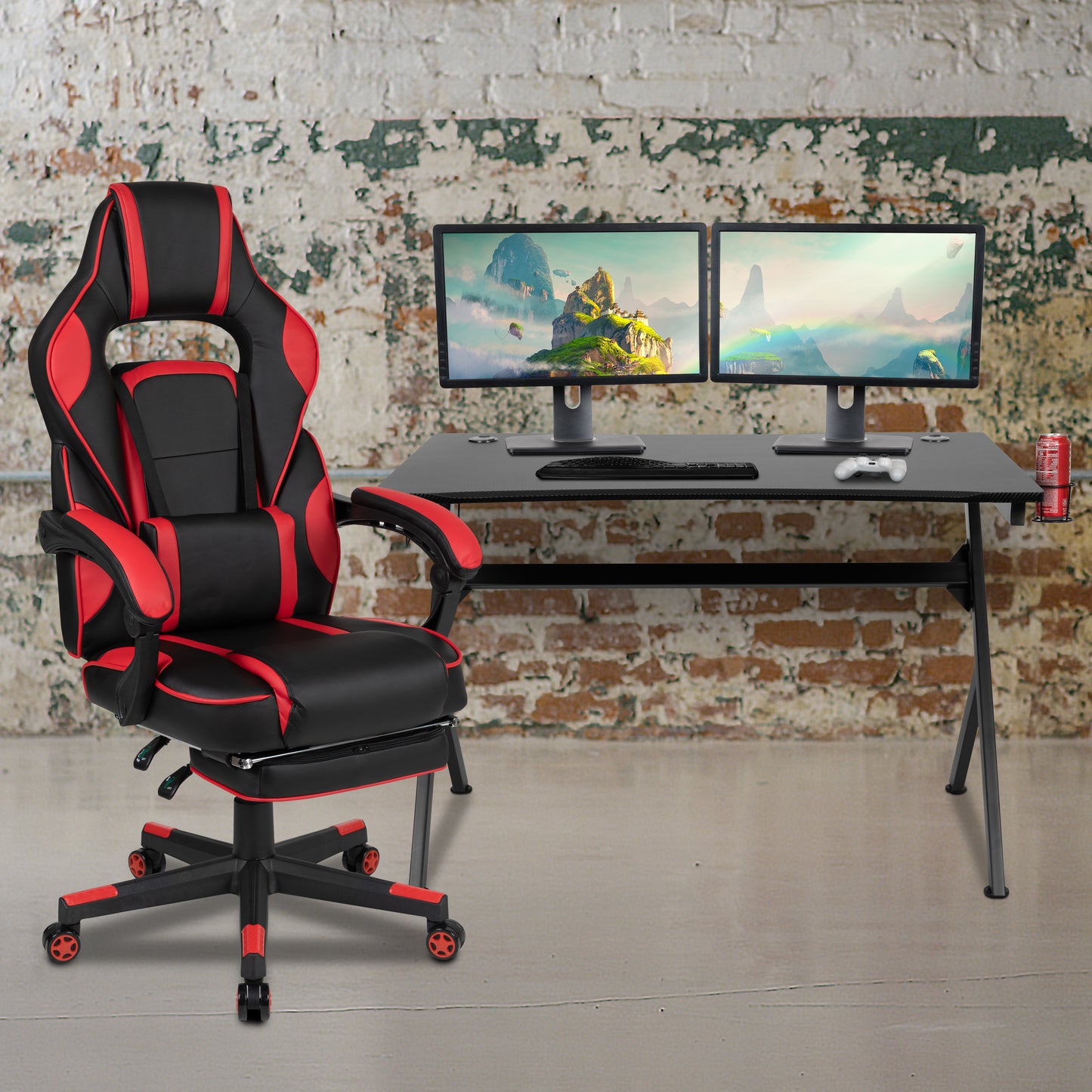Optis Black Gaming Desk with Cup Holder/Headphone Hook/2 Wire Management Holes & Red Reclining Back/Arms Gaming Chair with Footrest Red