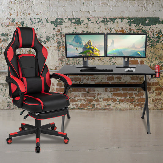 Optis Black Gaming Desk with Cup Holder/Headphone Hook/2 Wire Management Holes & Red Reclining Back/Arms Gaming Chair with Footrest Red