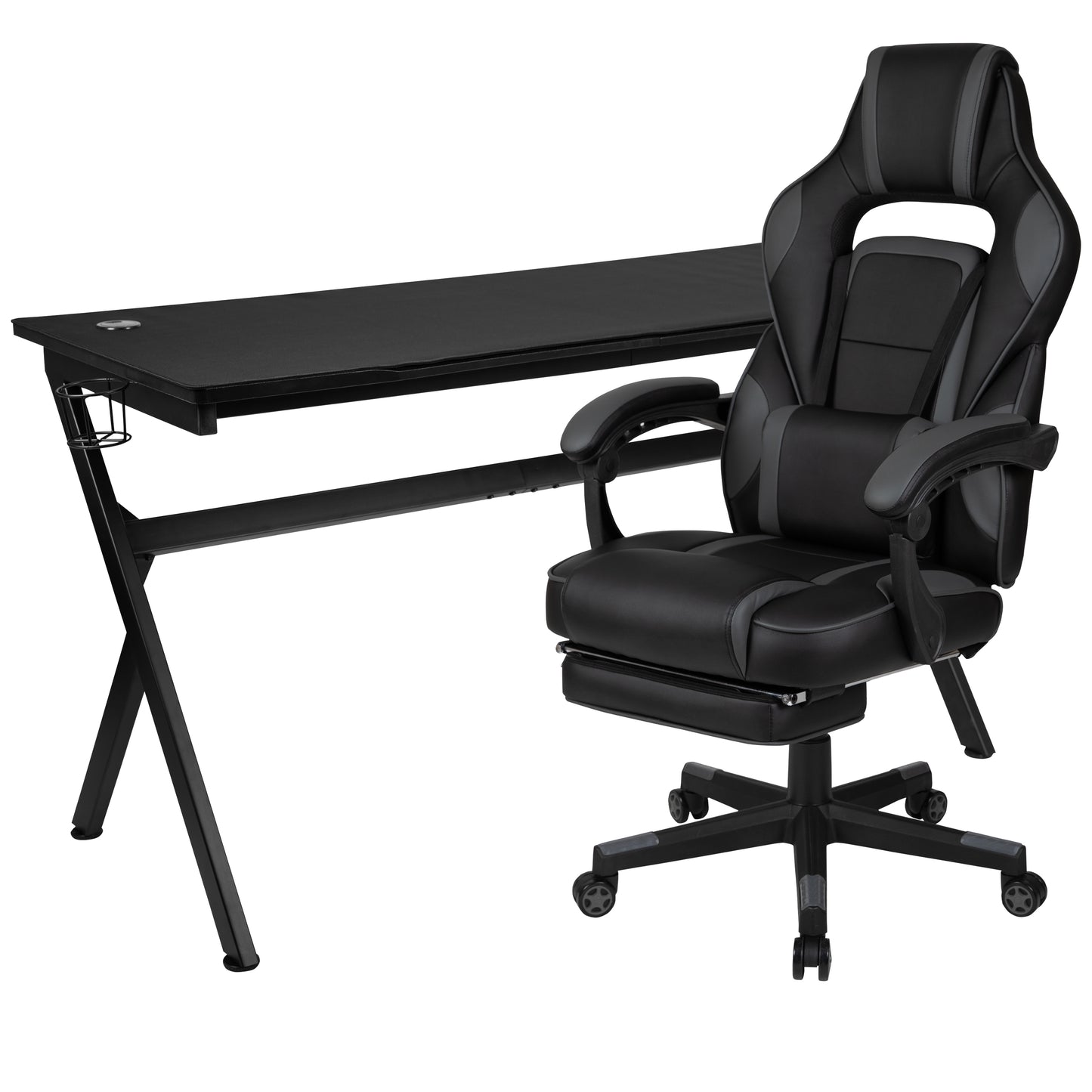 Optis Gaming Desk with Cup Holder/Headphone Hook/Removable Mousepad Top & Black Reclining Back/Arms Gaming Chair with Footrest Black