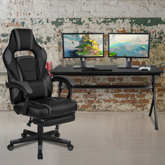 Optis Gaming Desk with Cup Holder/Headphone Hook/Removable Mousepad Top & Black Reclining Back/Arms Gaming Chair with Footrest Black