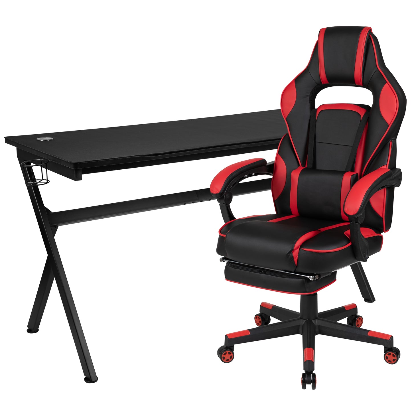 Optis Gaming Desk with Cup Holder/Headphone Hook/Removable Mousepad Top & Red Reclining Back/Arms Gaming Chair with Footrest Red