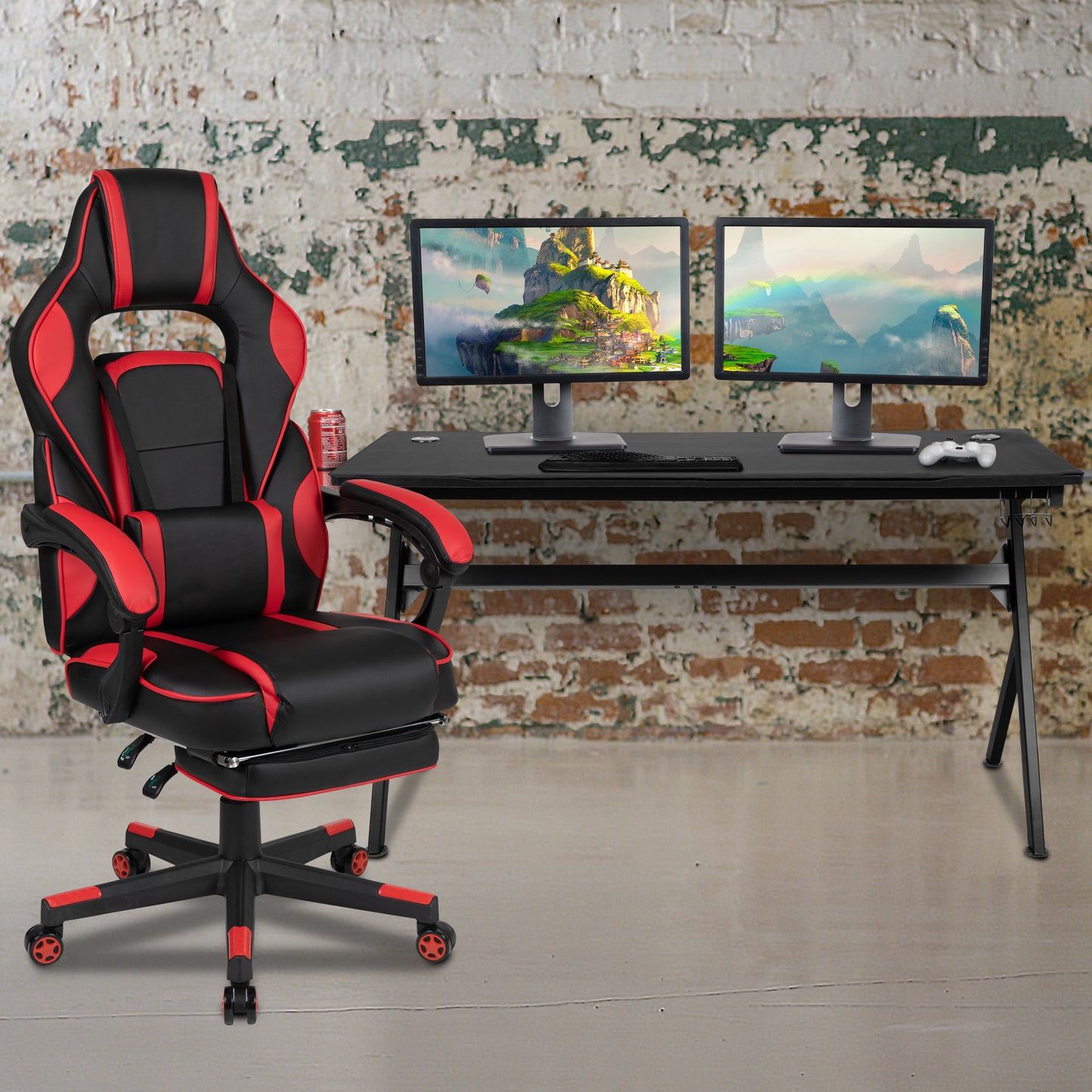 Optis Gaming Desk with Cup Holder/Headphone Hook/Removable Mousepad Top & Red Reclining Back/Arms Gaming Chair with Footrest Red