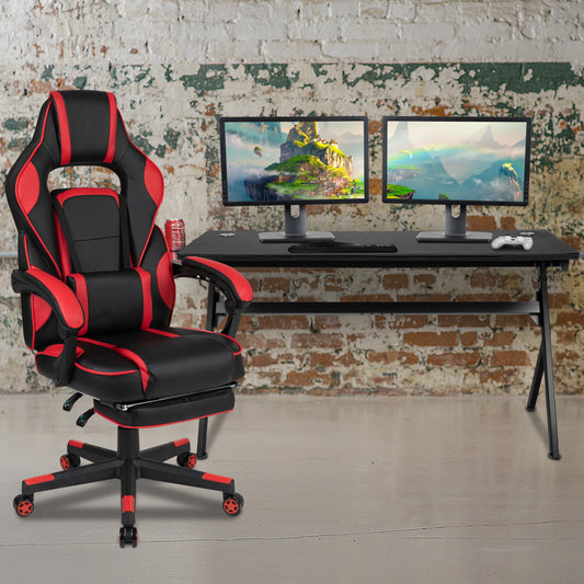 Optis Gaming Desk with Cup Holder/Headphone Hook/Removable Mousepad Top & Red Reclining Back/Arms Gaming Chair with Footrest Red
