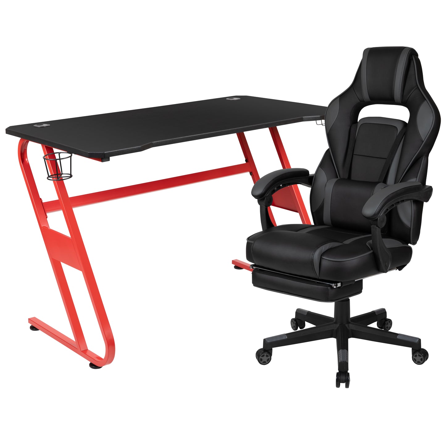 Optis Red Gaming Desk with Cup Holder/Headphone Hook & Black Reclining Back/Arms Gaming Chair with Footrest Black