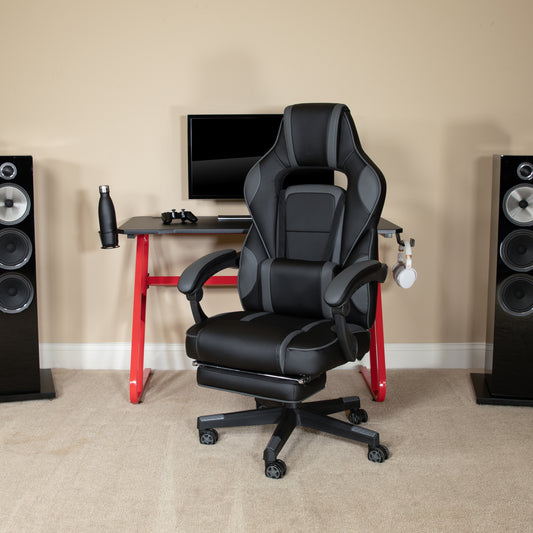 Optis Red Gaming Desk with Cup Holder/Headphone Hook & Black Reclining Back/Arms Gaming Chair with Footrest Black
