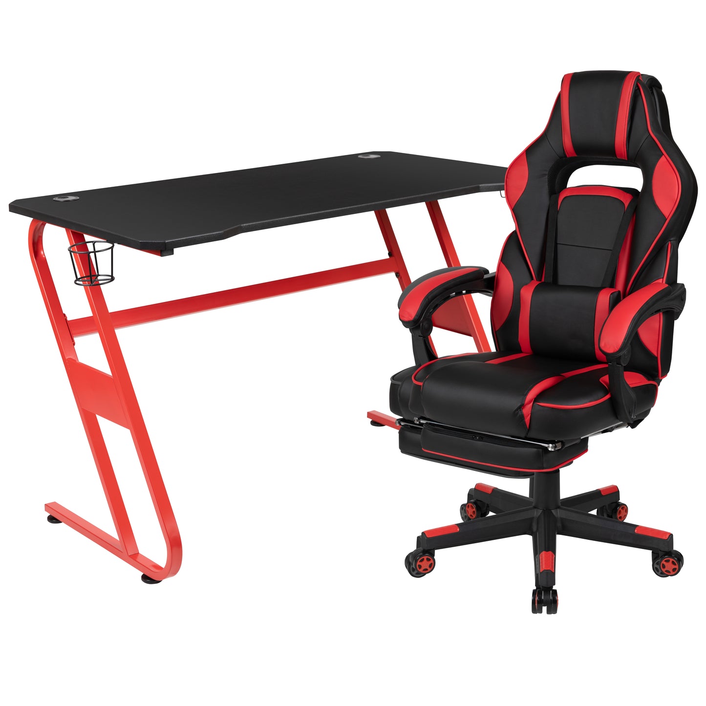 Optis Red Gaming Desk with Cup Holder/Headphone Hook & Red Reclining Back/Arms Gaming Chair with Footrest Red