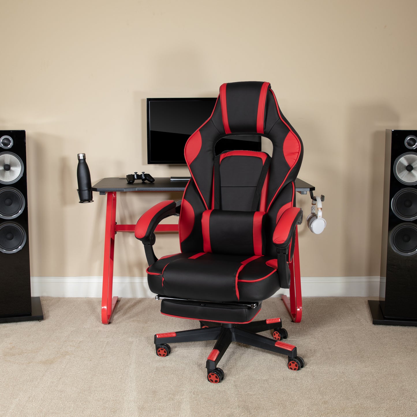 Optis Red Gaming Desk with Cup Holder/Headphone Hook & Red Reclining Back/Arms Gaming Chair with Footrest Red
