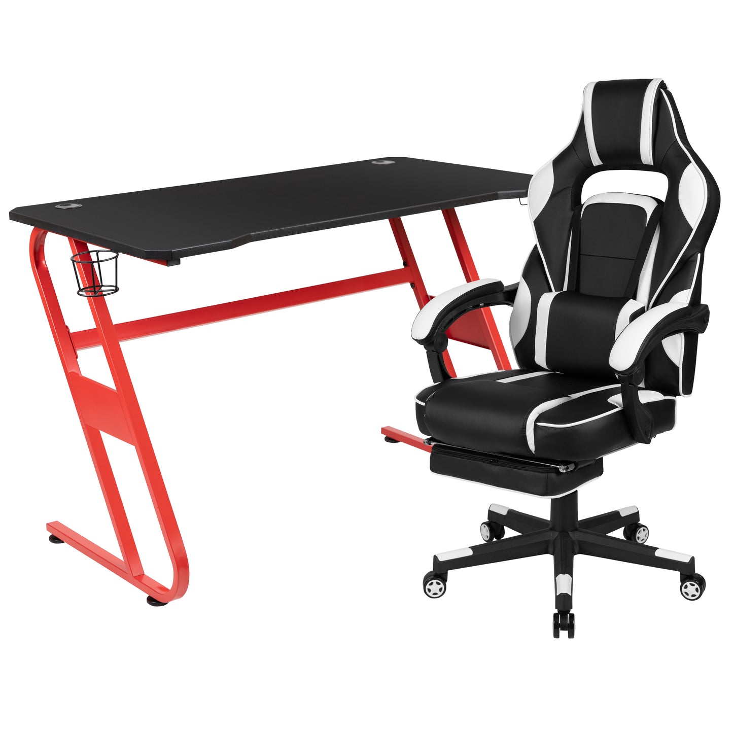 Optis Red Gaming Desk with Cup Holder/Headphone Hook & White Reclining Back/Arms Gaming Chair with Footrest White