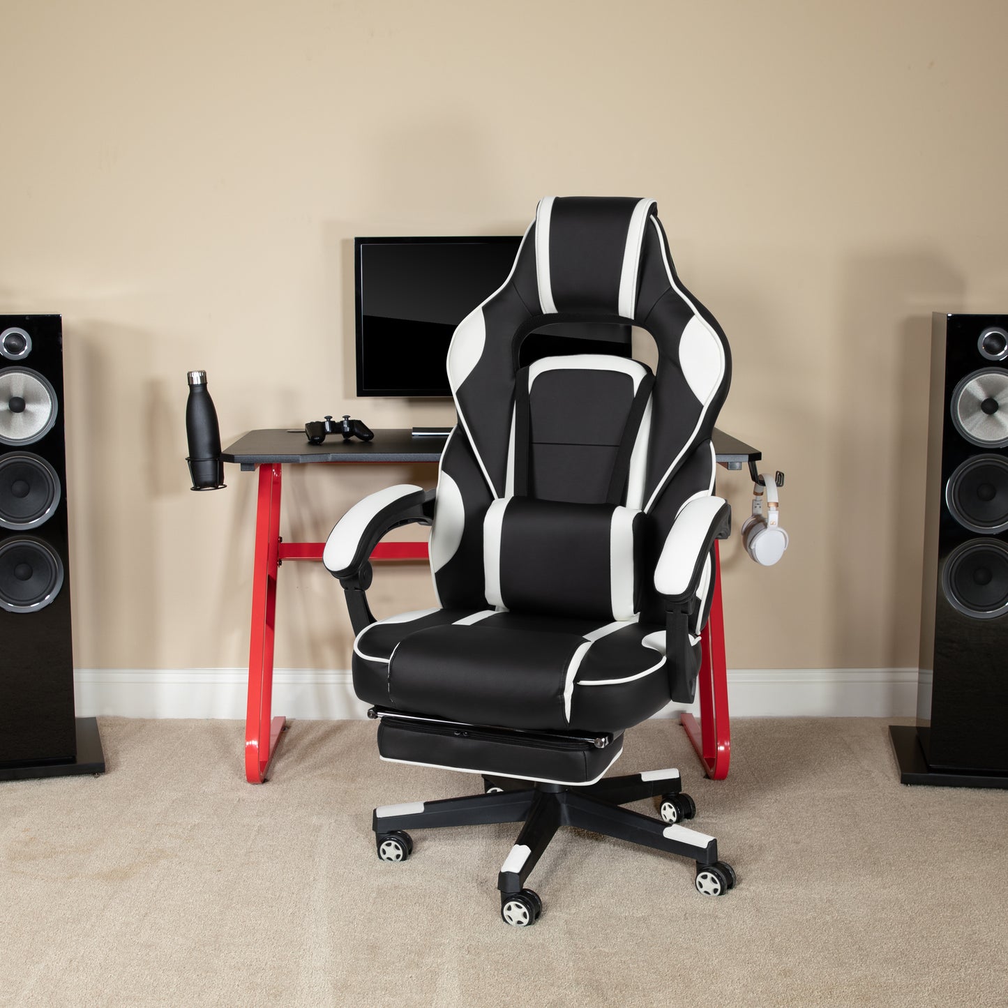 Optis Red Gaming Desk with Cup Holder/Headphone Hook & White Reclining Back/Arms Gaming Chair with Footrest White