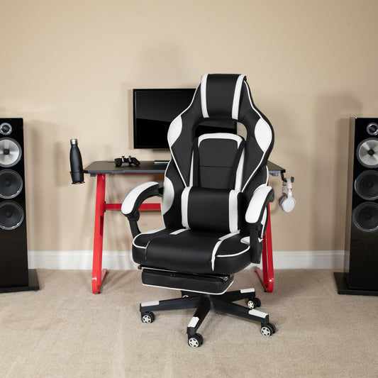 Optis Red Gaming Desk with Cup Holder/Headphone Hook & White Reclining Back/Arms Gaming Chair with Footrest White
