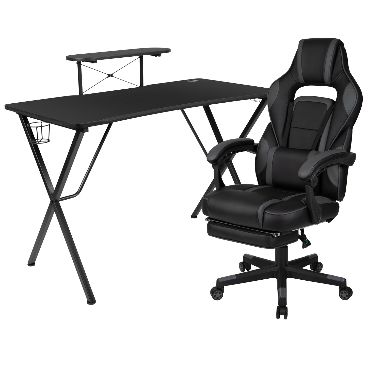 Optis Black Gaming Desk with Cup Holder/Headphone Hook/Monitor Stand & Black Reclining Back/Arms Gaming Chair with Footrest Black