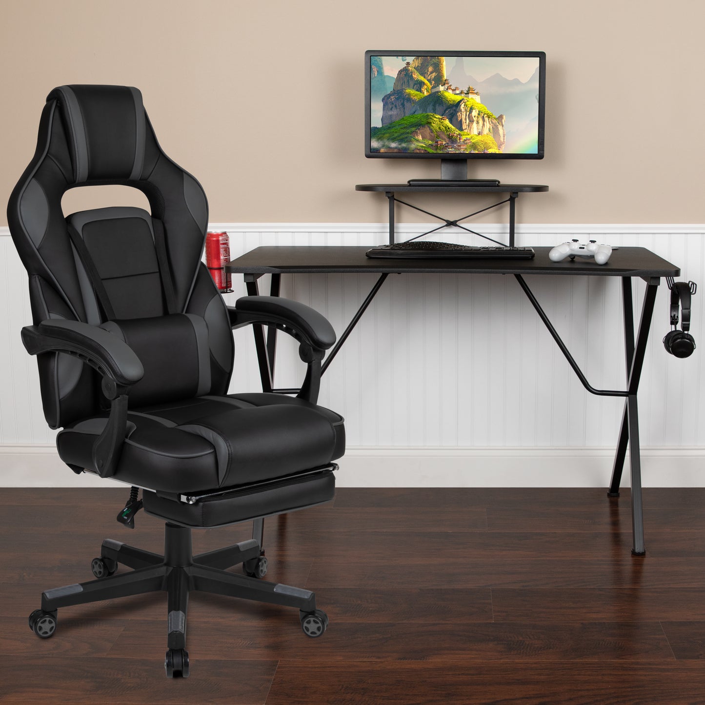 Optis Black Gaming Desk with Cup Holder/Headphone Hook/Monitor Stand & Black Reclining Back/Arms Gaming Chair with Footrest Black
