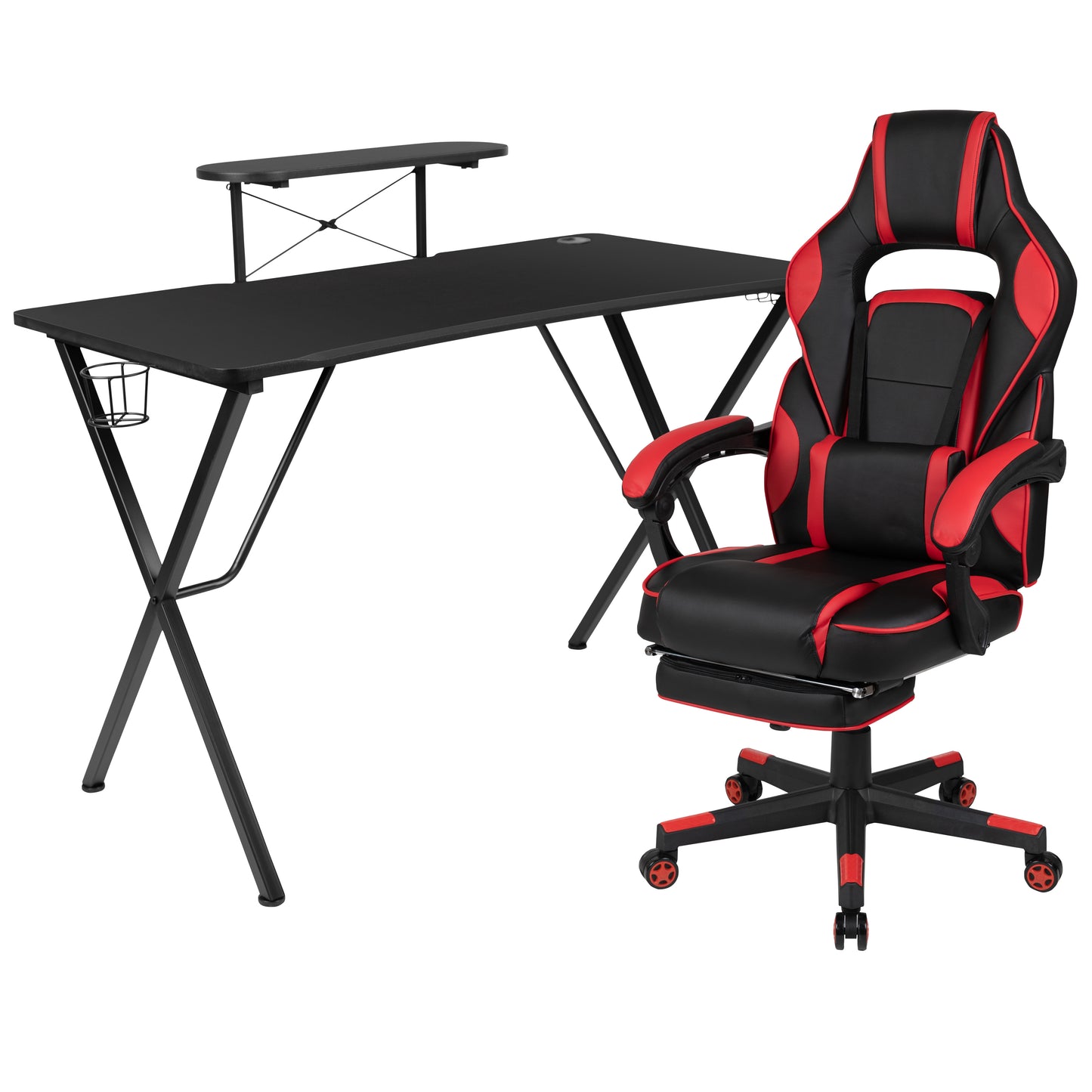 Optis Black Gaming Desk with Cup Holder/Headphone Hook/Monitor Stand & Red Reclining Back/Arms Gaming Chair with Footrest Red