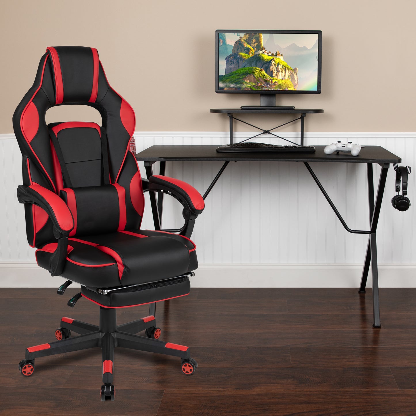 Optis Black Gaming Desk with Cup Holder/Headphone Hook/Monitor Stand & Red Reclining Back/Arms Gaming Chair with Footrest Red