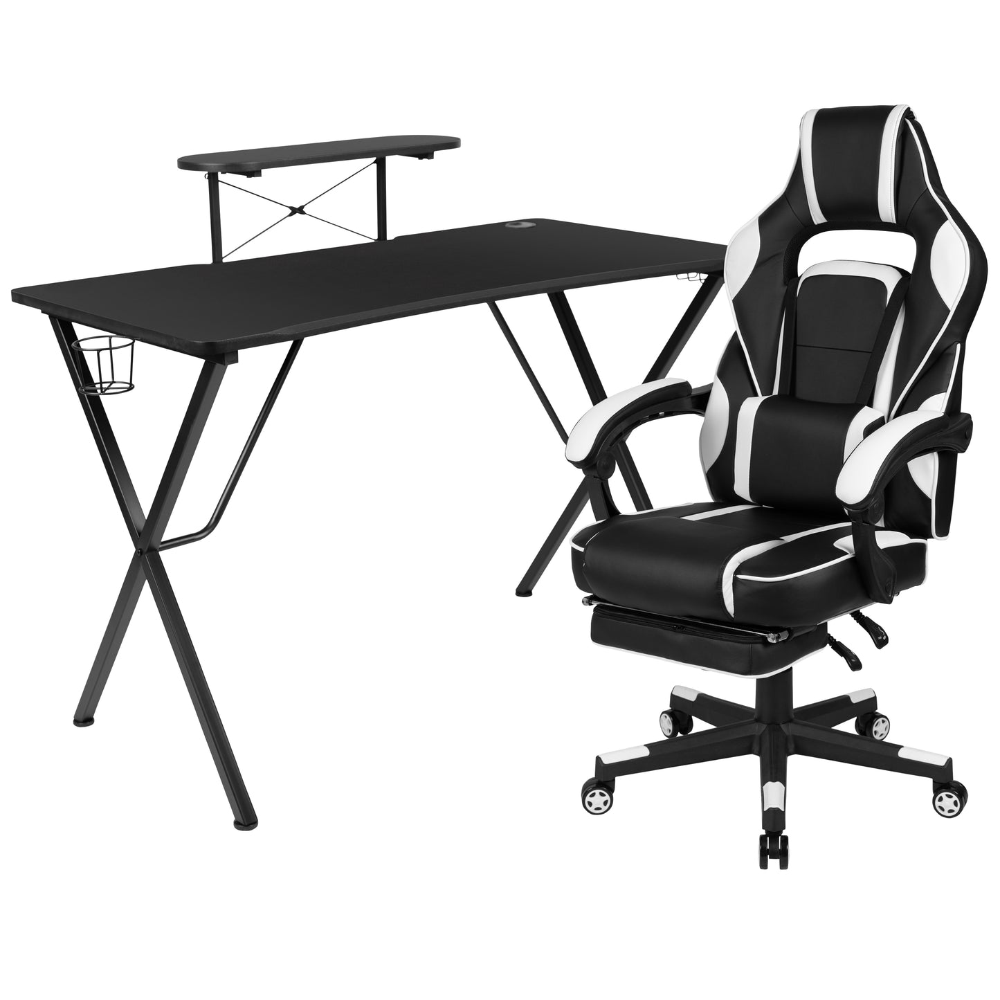 Optis Black Gaming Desk with Cup Holder/Headphone Hook/Monitor Stand & White Reclining Back/Arms Gaming Chair with Footrest White