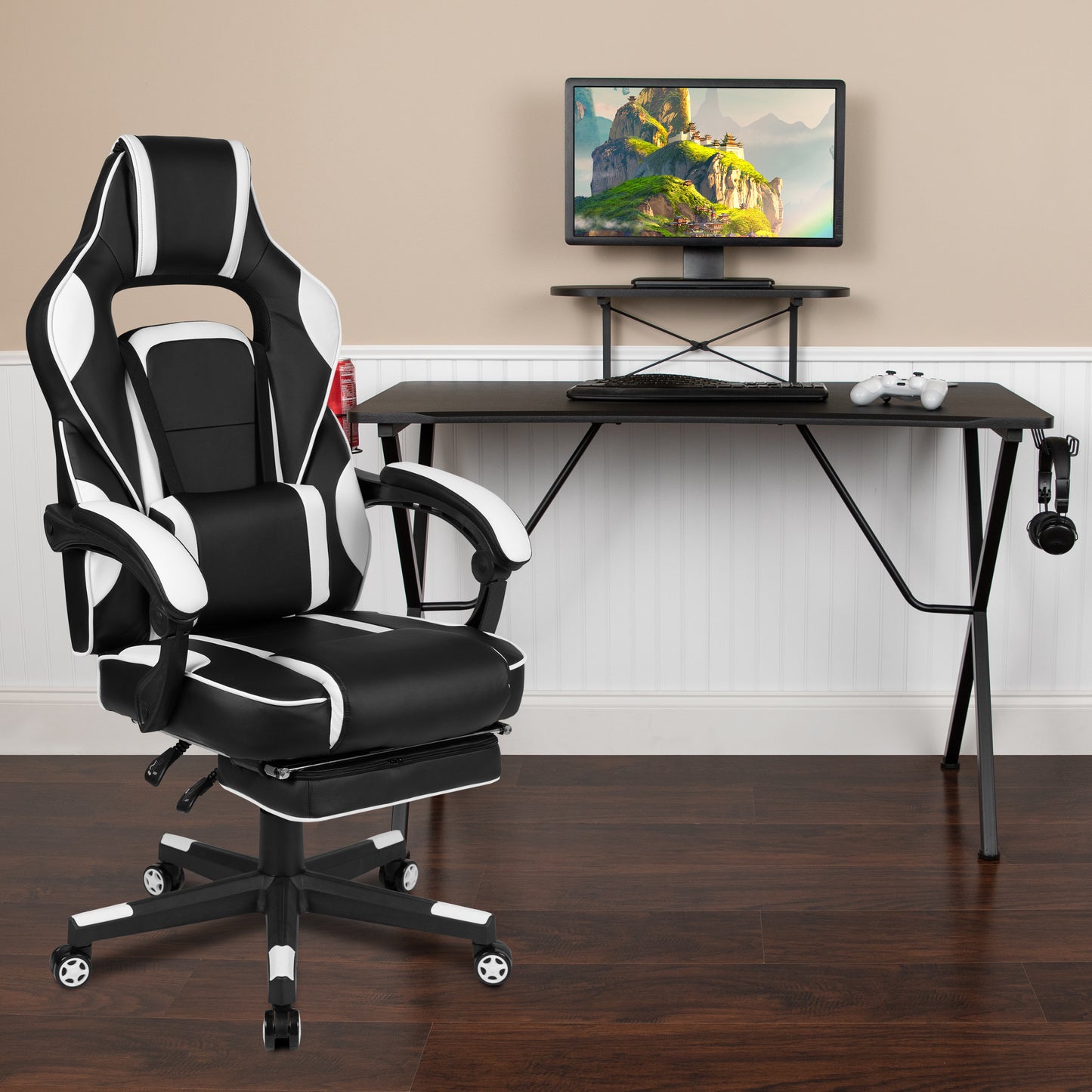 Optis Black Gaming Desk with Cup Holder/Headphone Hook/Monitor Stand & White Reclining Back/Arms Gaming Chair with Footrest White