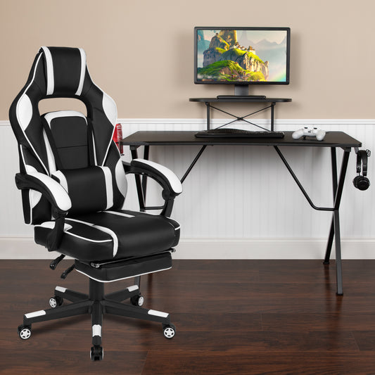 Optis Black Gaming Desk with Cup Holder/Headphone Hook/Monitor Stand & White Reclining Back/Arms Gaming Chair with Footrest White