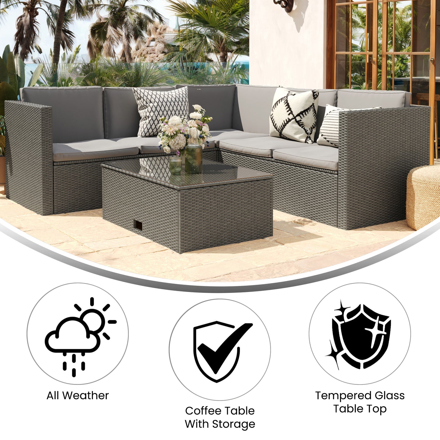 Roan Indoor/Outdoor L-Shaped Sectional with Coffee Table in Gray Wicker PE Rattan with Gray Cushions Gray Cushions/Gray Frame BN-WS404-GY-GY-GG