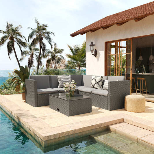 Roan Indoor/Outdoor L-Shaped Sectional with Coffee Table in Gray Wicker PE Rattan with Gray Cushions Gray Cushions/Gray Frame BN-WS404-GY-GY-GG