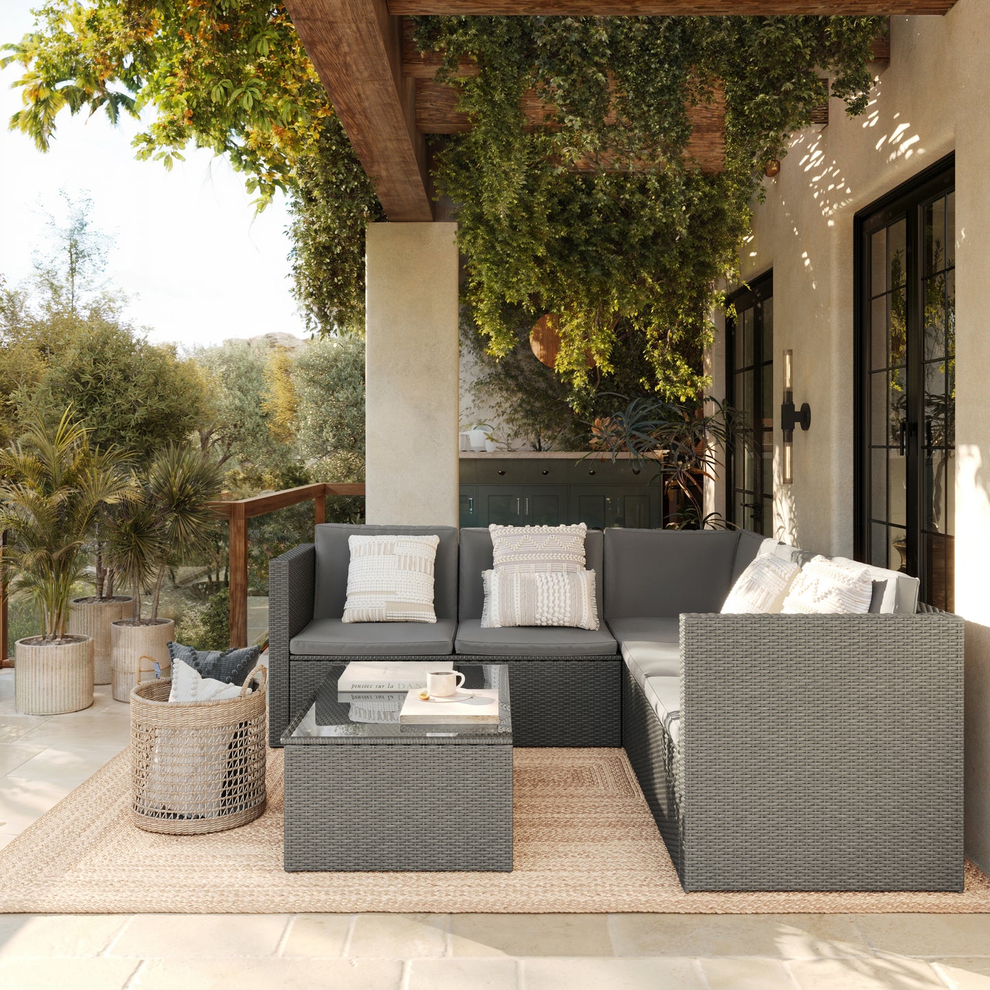 Roan Indoor/Outdoor L-Shaped Sectional with Coffee Table in Gray Wicker PE Rattan with Gray Cushions Gray Cushions/Gray Frame BN-WS404-GY-GY-GG