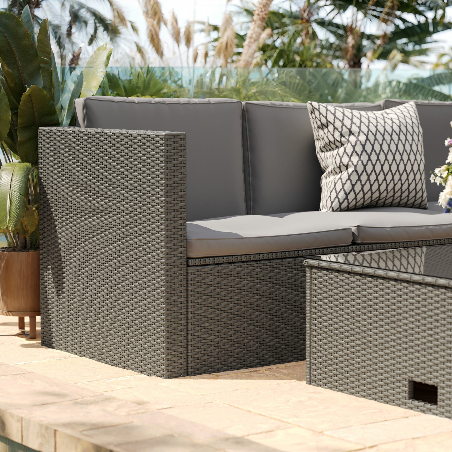 Roan Indoor/Outdoor L-Shaped Sectional with Coffee Table in Gray Wicker PE Rattan with Gray Cushions Gray Cushions/Gray Frame BN-WS404-GY-GY-GG