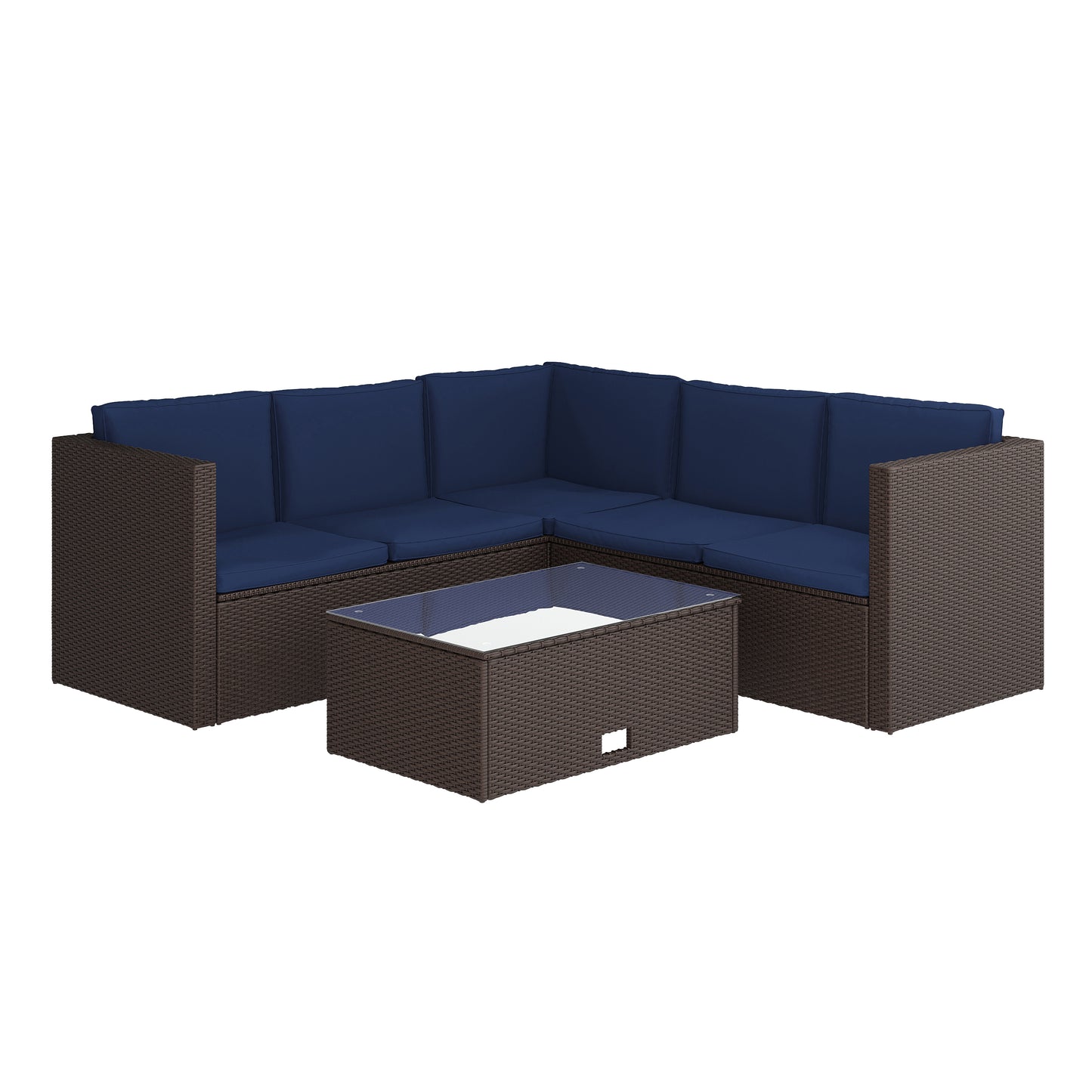 Roan Indoor/Outdoor L-Shaped Sectional with Coffee Table in Brown Wicker PE Rattan with Navy Cushions Navy Cushions/Brown Frame
