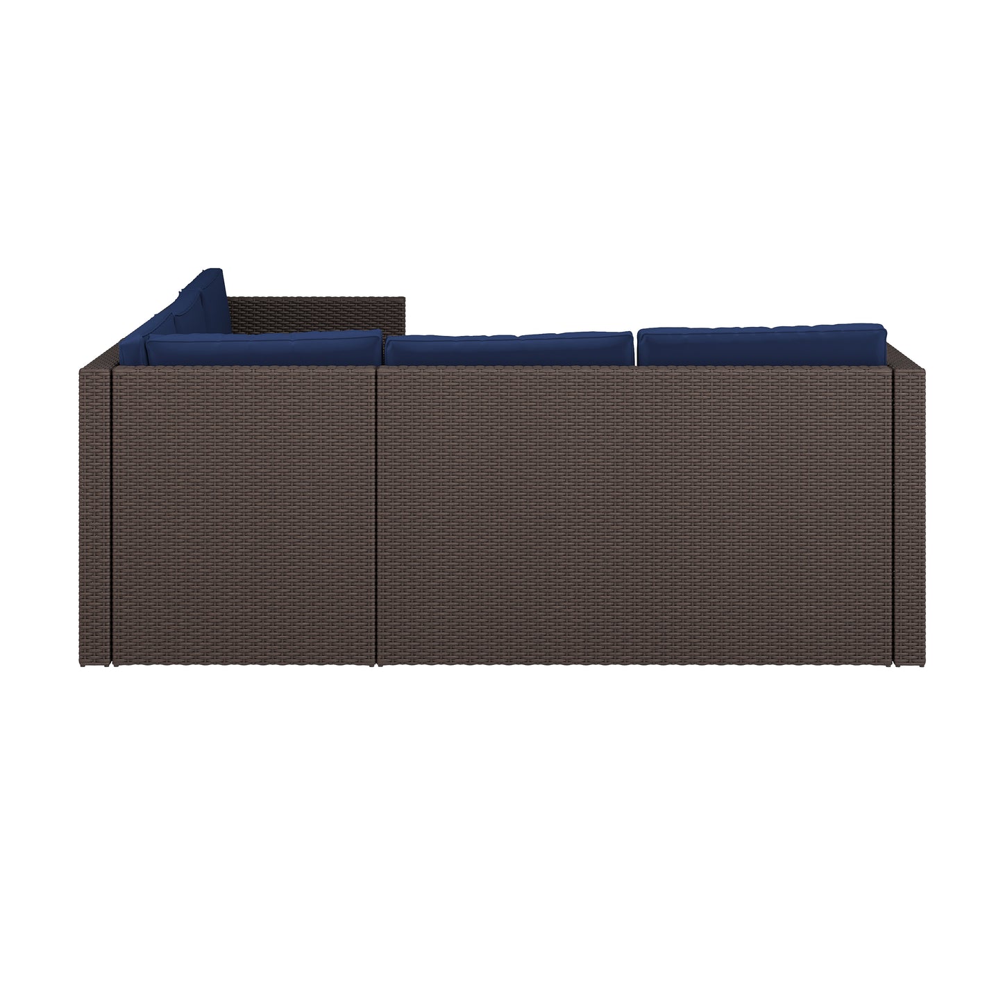 Roan Indoor/Outdoor L-Shaped Sectional with Coffee Table in Brown Wicker PE Rattan with Navy Cushions Navy Cushions/Brown Frame