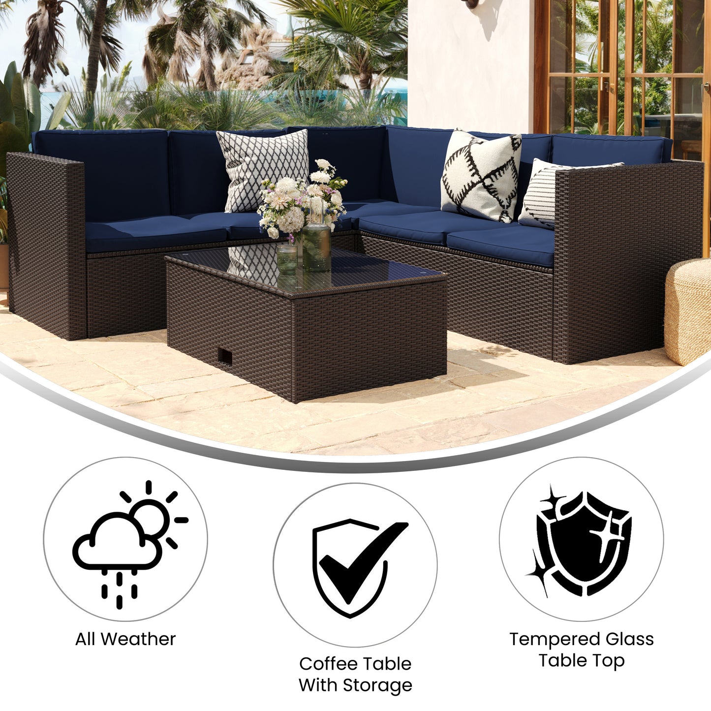 Roan Indoor/Outdoor L-Shaped Sectional with Coffee Table in Brown Wicker PE Rattan with Navy Cushions Navy Cushions/Brown Frame