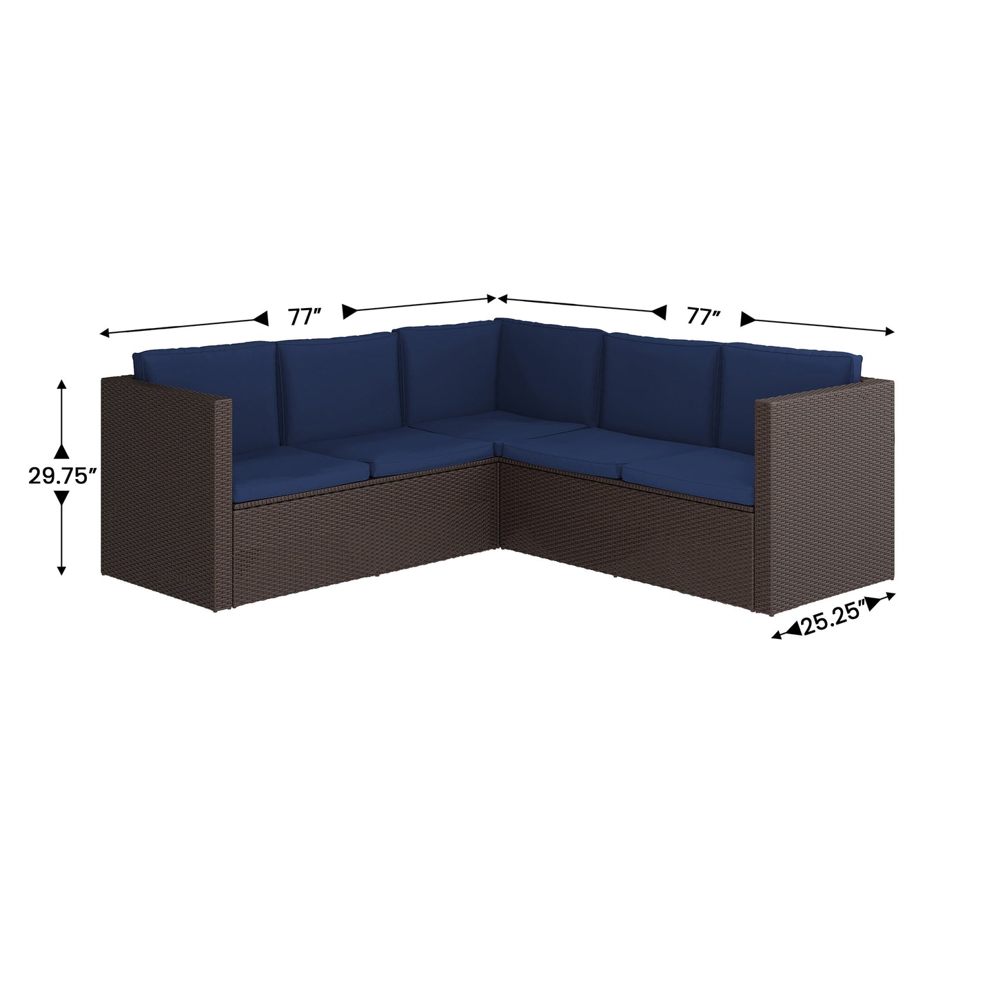 Roan Indoor/Outdoor L-Shaped Sectional with Coffee Table in Brown Wicker PE Rattan with Navy Cushions Navy Cushions/Brown Frame