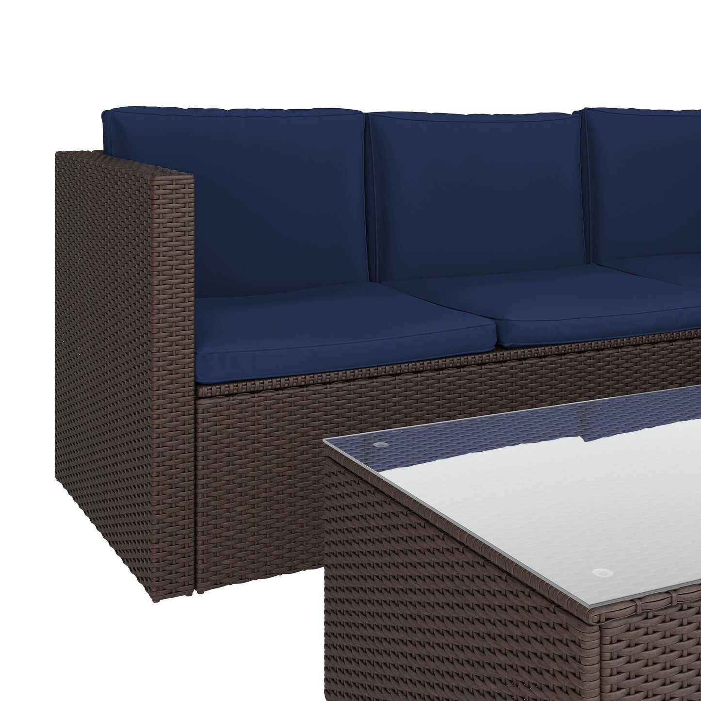 Roan Indoor/Outdoor L-Shaped Sectional with Coffee Table in Brown Wicker PE Rattan with Navy Cushions Navy Cushions/Brown Frame