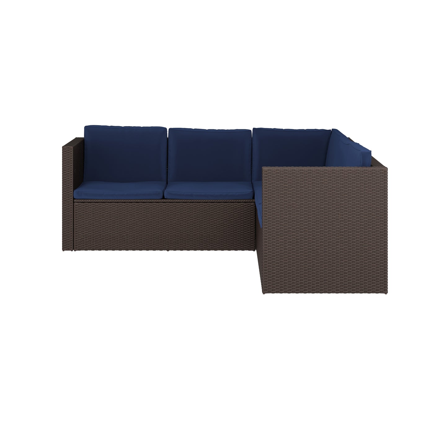 Roan Indoor/Outdoor L-Shaped Sectional with Coffee Table in Brown Wicker PE Rattan with Navy Cushions Navy Cushions/Brown Frame