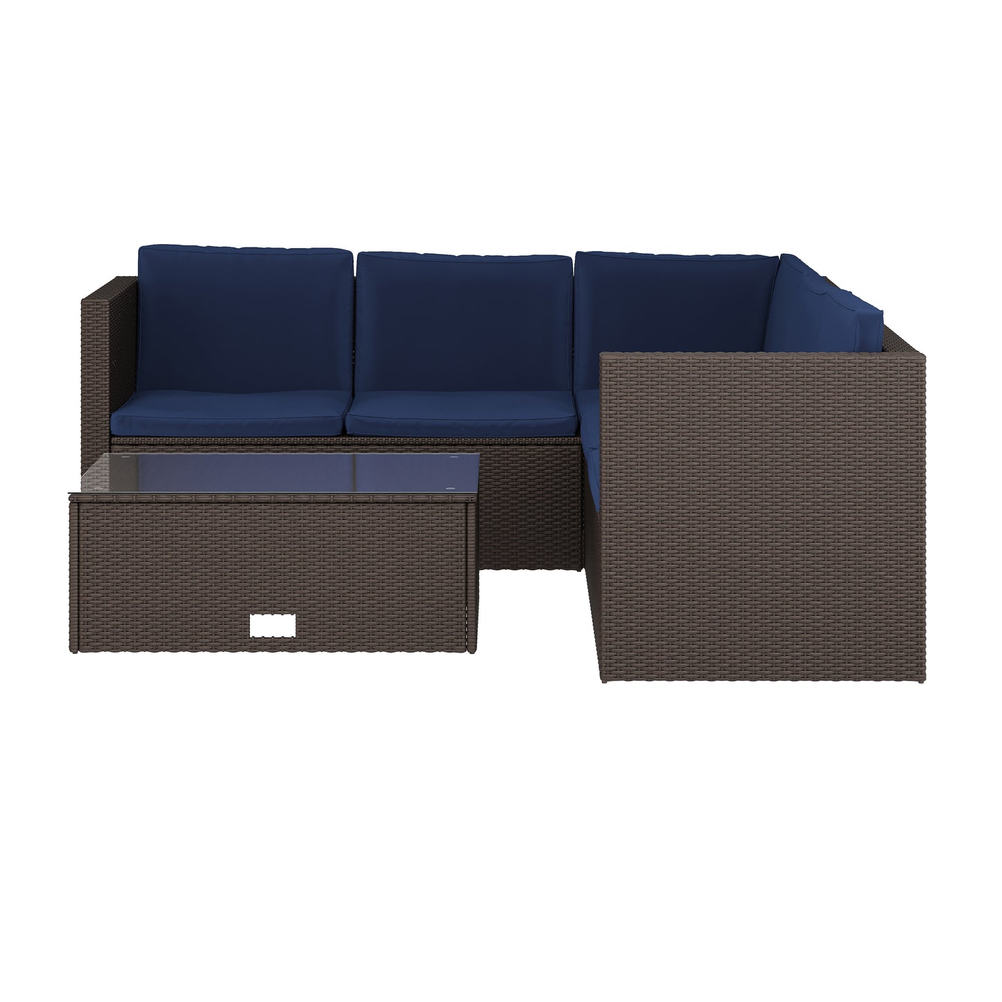 Roan Indoor/Outdoor L-Shaped Sectional with Coffee Table in Brown Wicker PE Rattan with Navy Cushions Navy Cushions/Brown Frame
