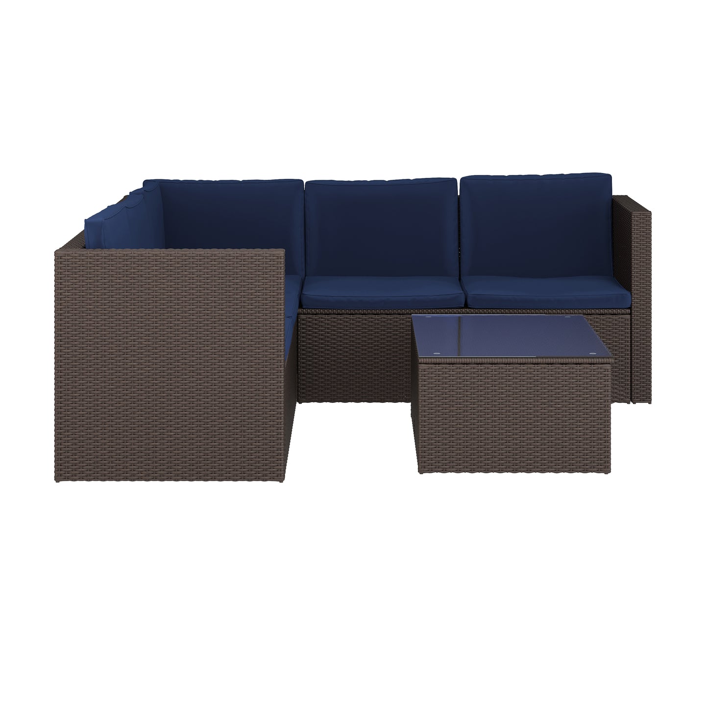 Roan Indoor/Outdoor L-Shaped Sectional with Coffee Table in Brown Wicker PE Rattan with Navy Cushions Navy Cushions/Brown Frame