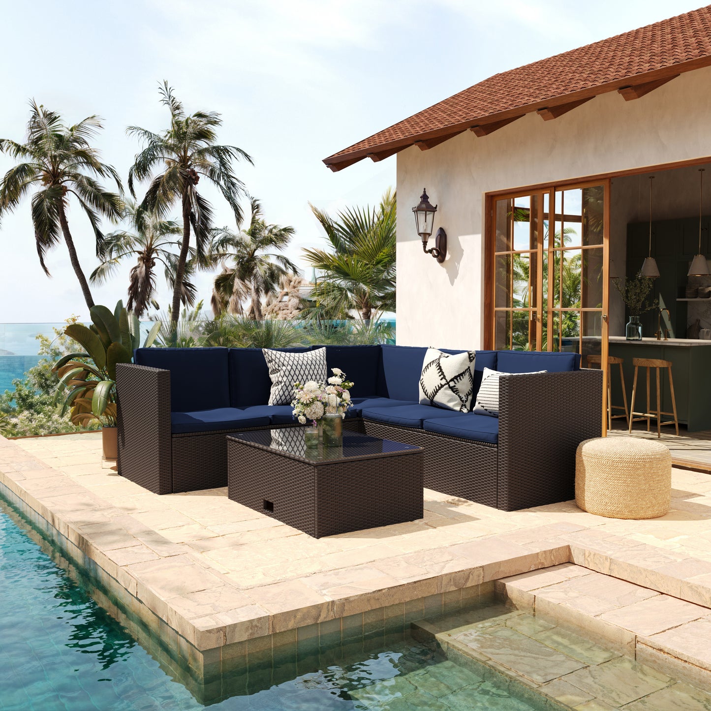 Roan Indoor/Outdoor L-Shaped Sectional with Coffee Table in Brown Wicker PE Rattan with Navy Cushions Navy Cushions/Brown Frame