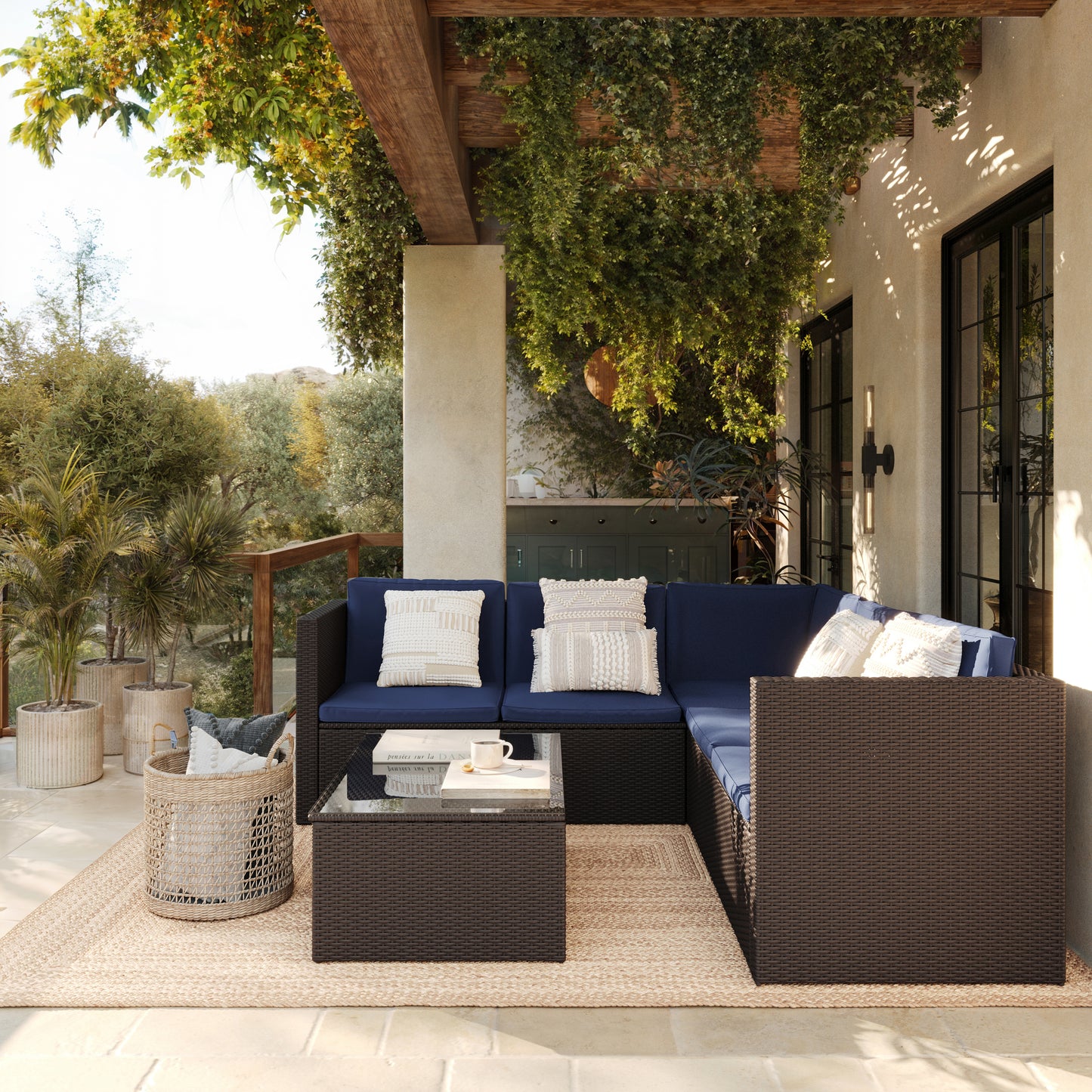 Roan Indoor/Outdoor L-Shaped Sectional with Coffee Table in Brown Wicker PE Rattan with Navy Cushions Navy Cushions/Brown Frame