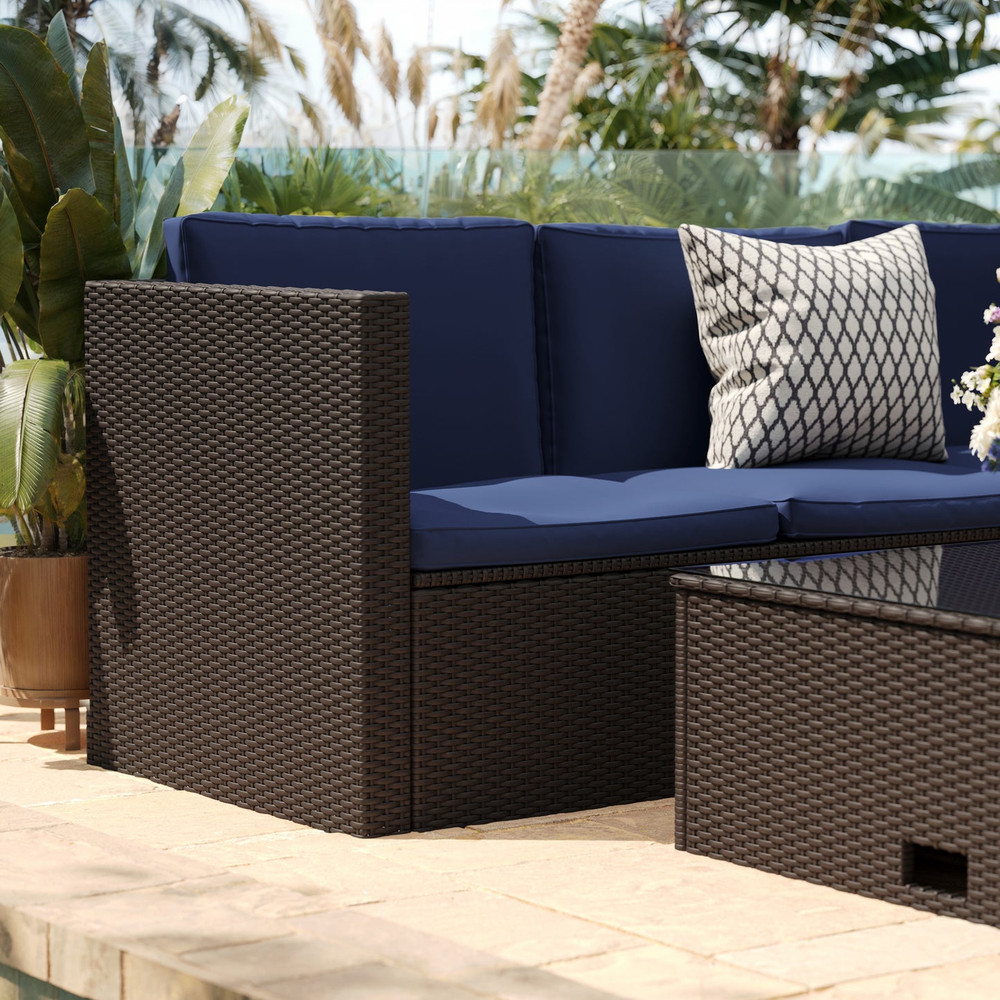 Roan Indoor/Outdoor L-Shaped Sectional with Coffee Table in Brown Wicker PE Rattan with Navy Cushions Navy Cushions/Brown Frame