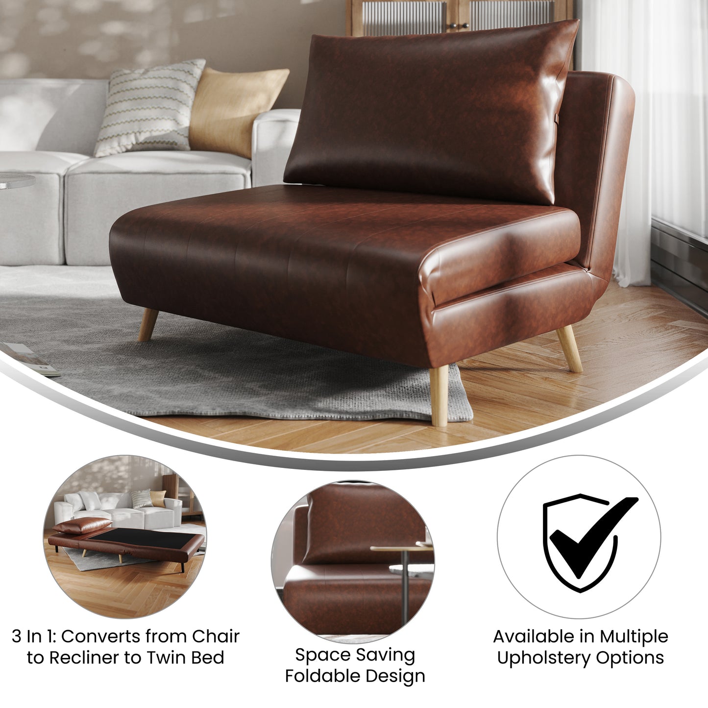 Shaw Convertible Tri-Fold Sleeper Chair with Pillow - Multifunctional Adjustable Sleeper - Channel Stitching - Hideaway Legs - Brown LeatherSoft Brown