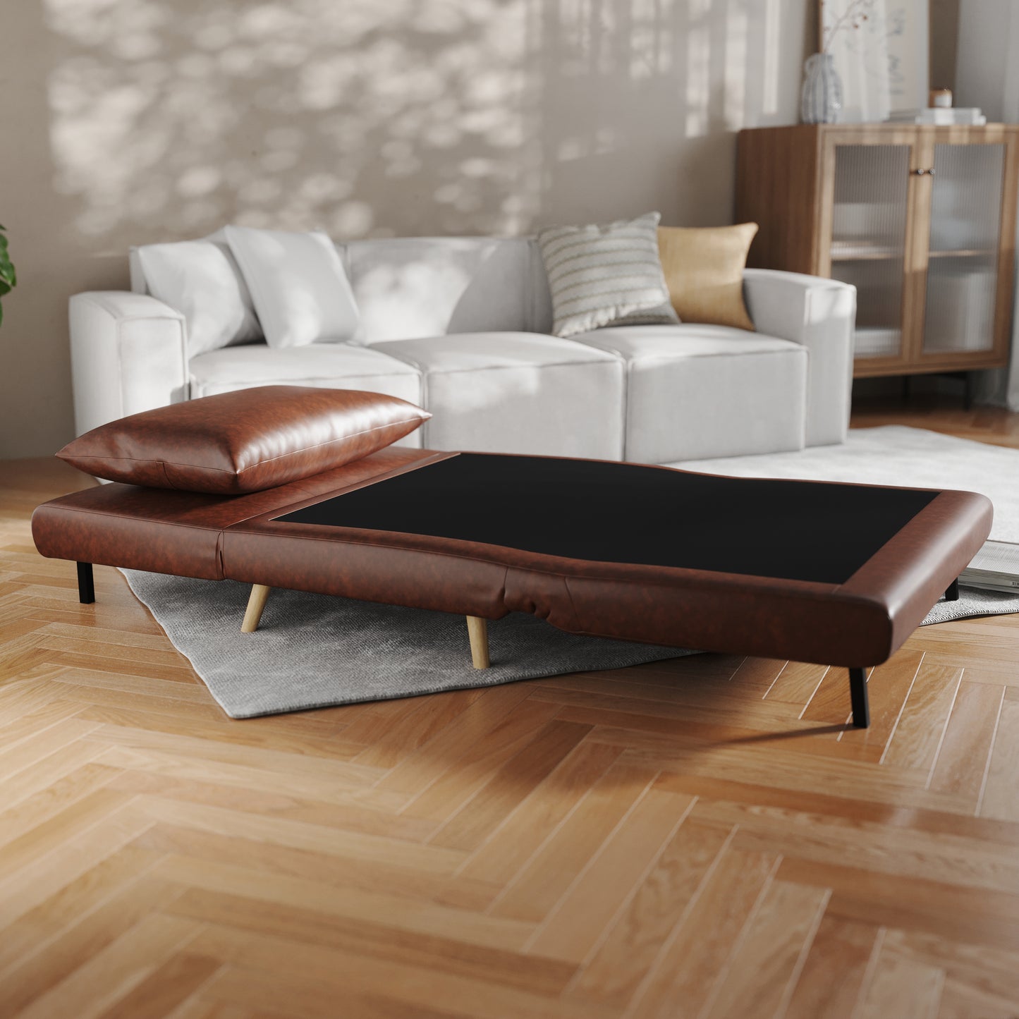 Shaw Convertible Tri-Fold Sleeper Chair with Pillow - Multifunctional Adjustable Sleeper - Channel Stitching - Hideaway Legs - Brown LeatherSoft Brown