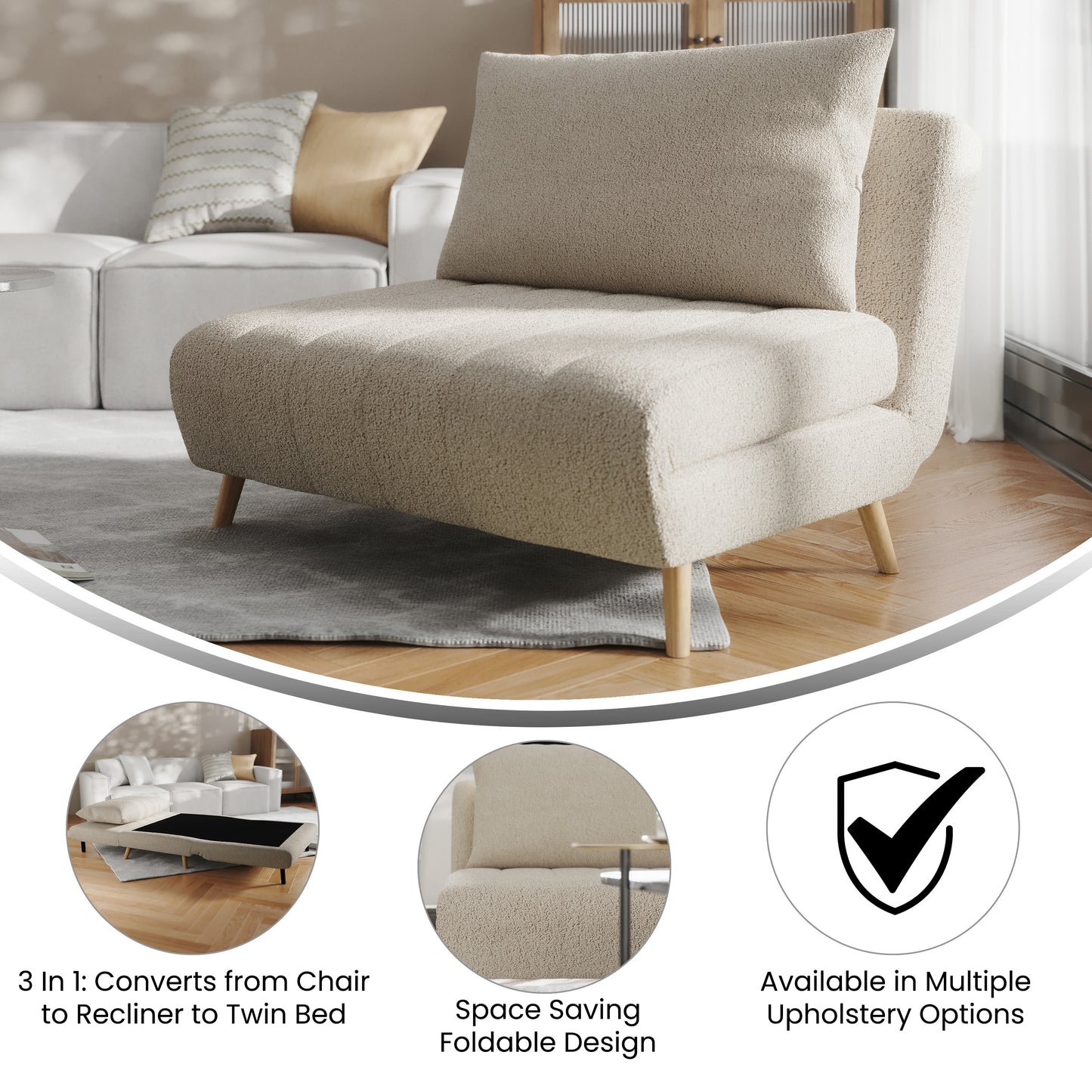 Shaw Convertible Tri-Fold Chair with Pillow - Multifunctional Adjustable Sleeper - Channel Stitching-Removable Legs - Cream Boucle Cream