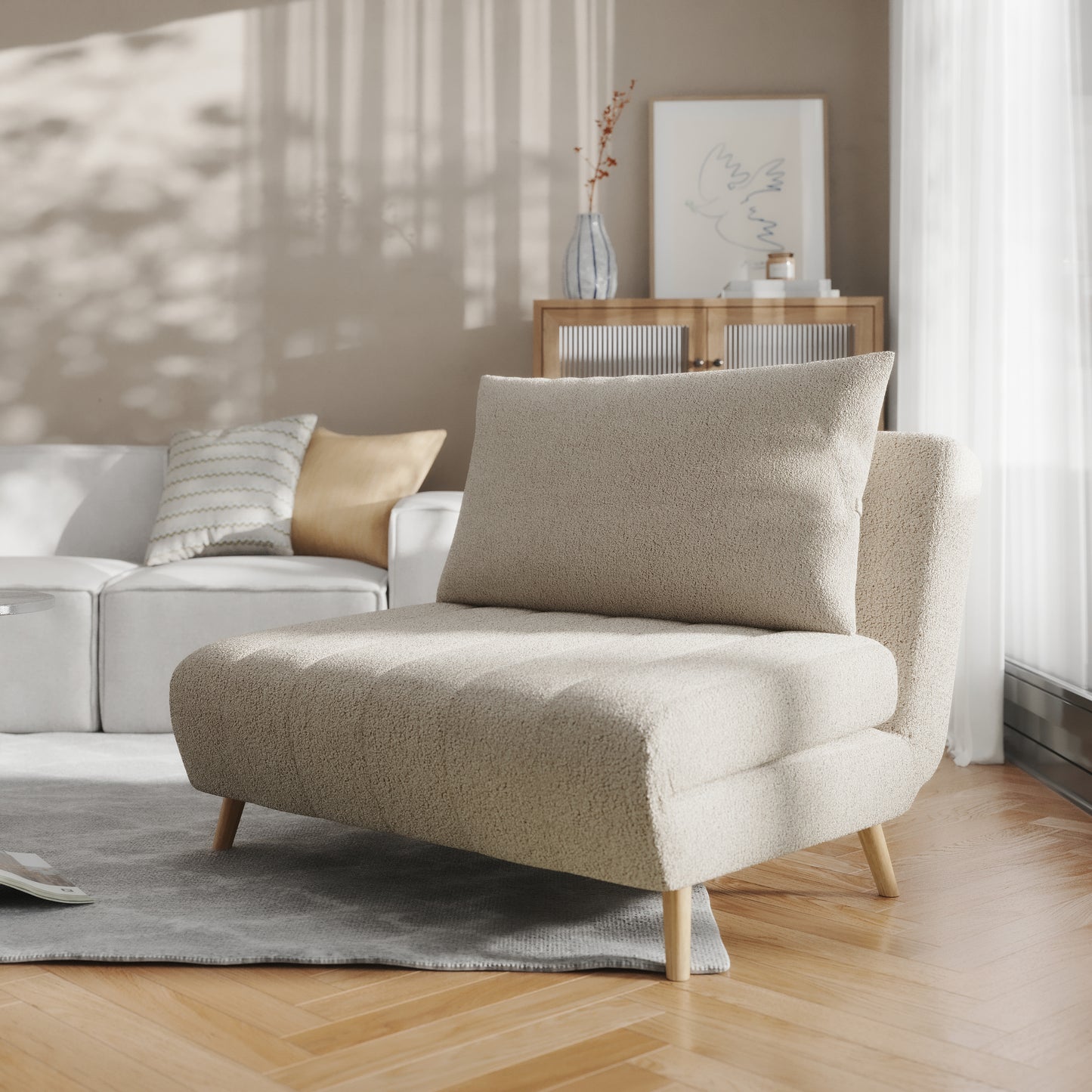 Shaw Convertible Tri-Fold Chair with Pillow - Multifunctional Adjustable Sleeper - Channel Stitching-Removable Legs - Cream Boucle Cream